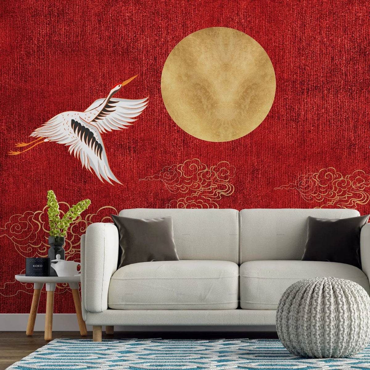 Tapet personalizat zen oriental in stil japonez pe un fundal rosu cu luna aurie si cocori golden japan