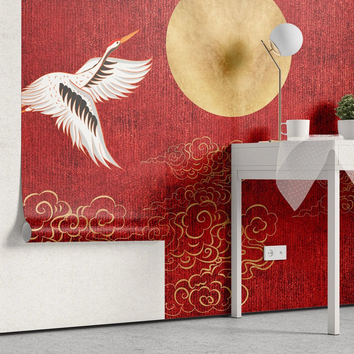 Tapet personalizat zen oriental in stil japonez pe un fundal rosu cu luna aurie si cocori golden japan