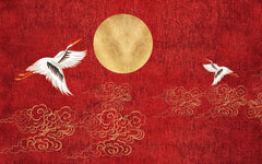 Tapet personalizat zen oriental in stil japonez pe un fundal rosu cu luna aurie si cocori golden japan