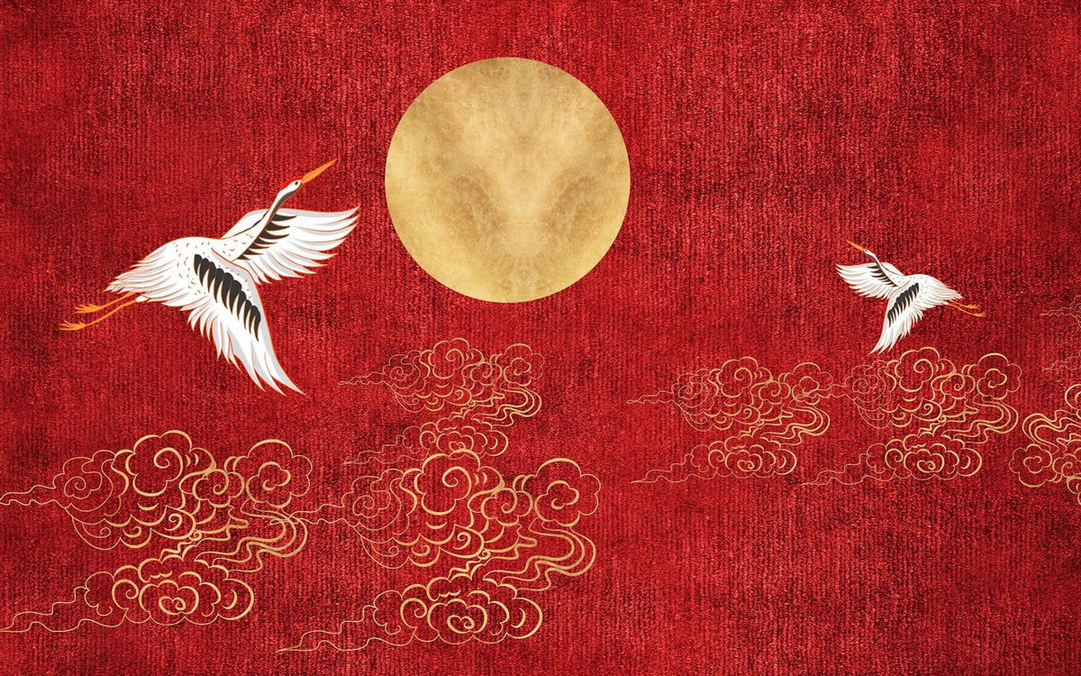 Tapet personalizat zen oriental in stil japonez pe un fundal rosu cu luna aurie si cocori golden japan
