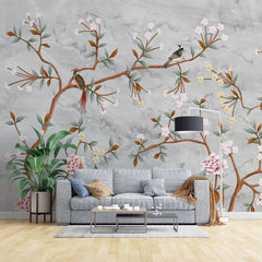 Tapet personalizat zen oriental in stil chinoiserie cu copaci infloriti si pasari orientale pe un fundal de piatra stone chinoiserie