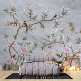 Tapet personalizat zen oriental in stil chinoiserie cu copaci infloriti si pasari orientale pe un fundal de piatra stone chinoiserie