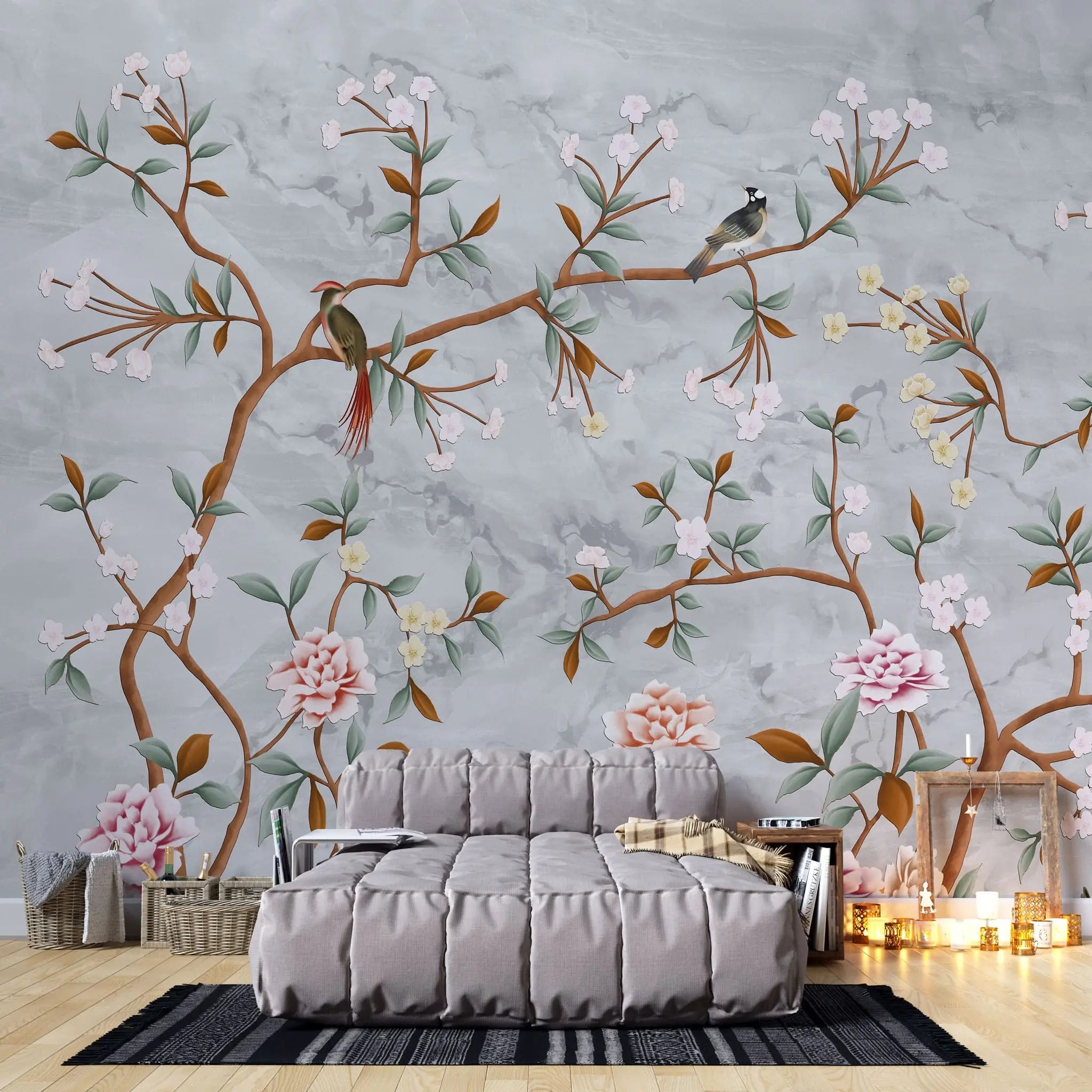 Tapet personalizat zen oriental in stil chinoiserie cu copaci infloriti si pasari orientale pe un fundal de piatra stone chinoiserie