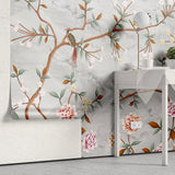 Tapet personalizat zen oriental in stil chinoiserie cu copaci infloriti si pasari orientale pe un fundal de piatra stone chinoiserie