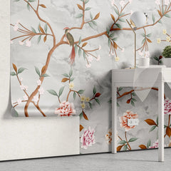 Tapet personalizat zen oriental in stil chinoiserie cu copaci infloriti si pasari orientale pe un fundal de piatra stone chinoiserie