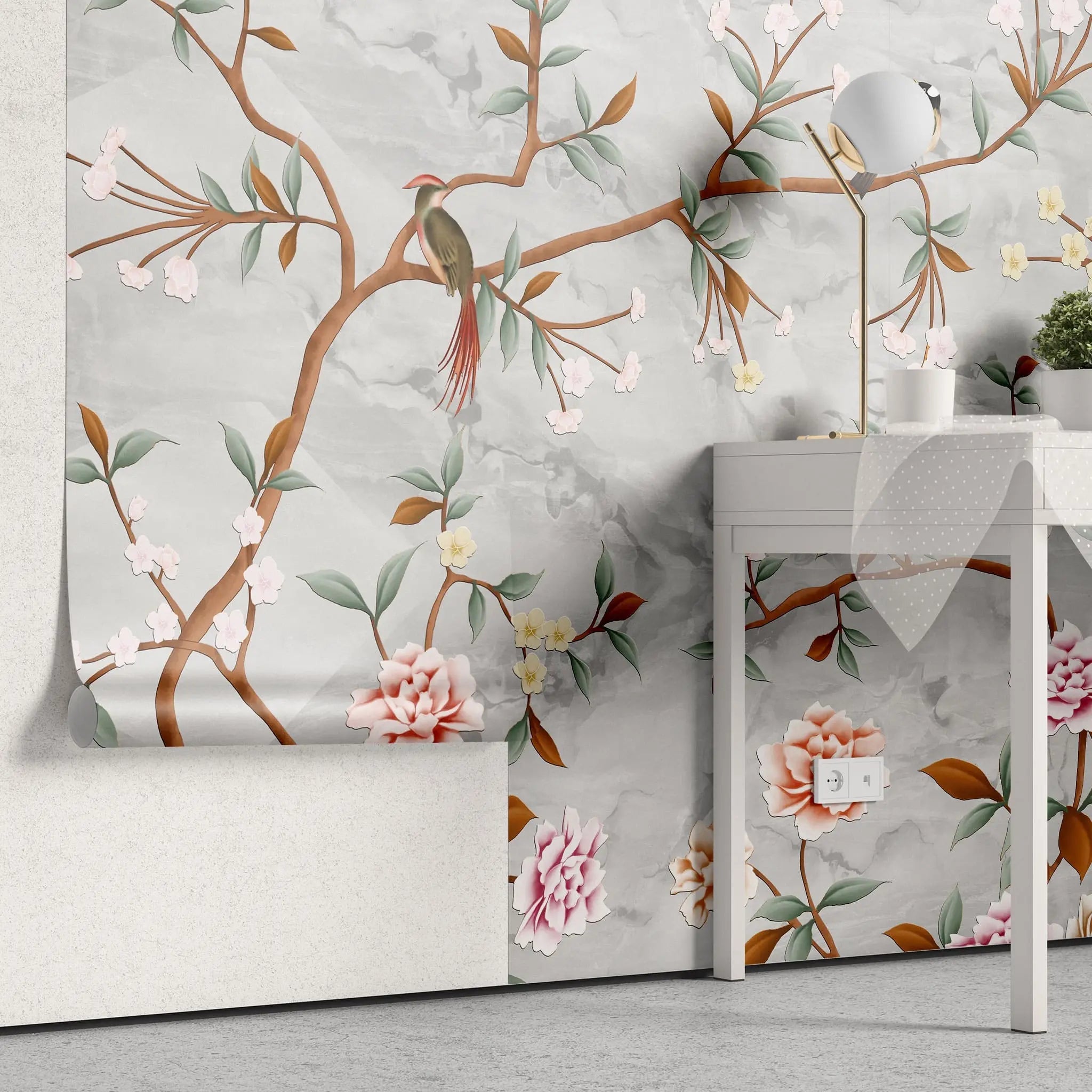 Tapet personalizat zen oriental in stil chinoiserie cu copaci infloriti si pasari orientale pe un fundal de piatra stone chinoiserie