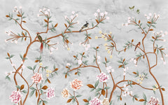 Tapet personalizat zen oriental in stil chinoiserie cu copaci infloriti si pasari orientale pe un fundal de piatra stone chinoiserie