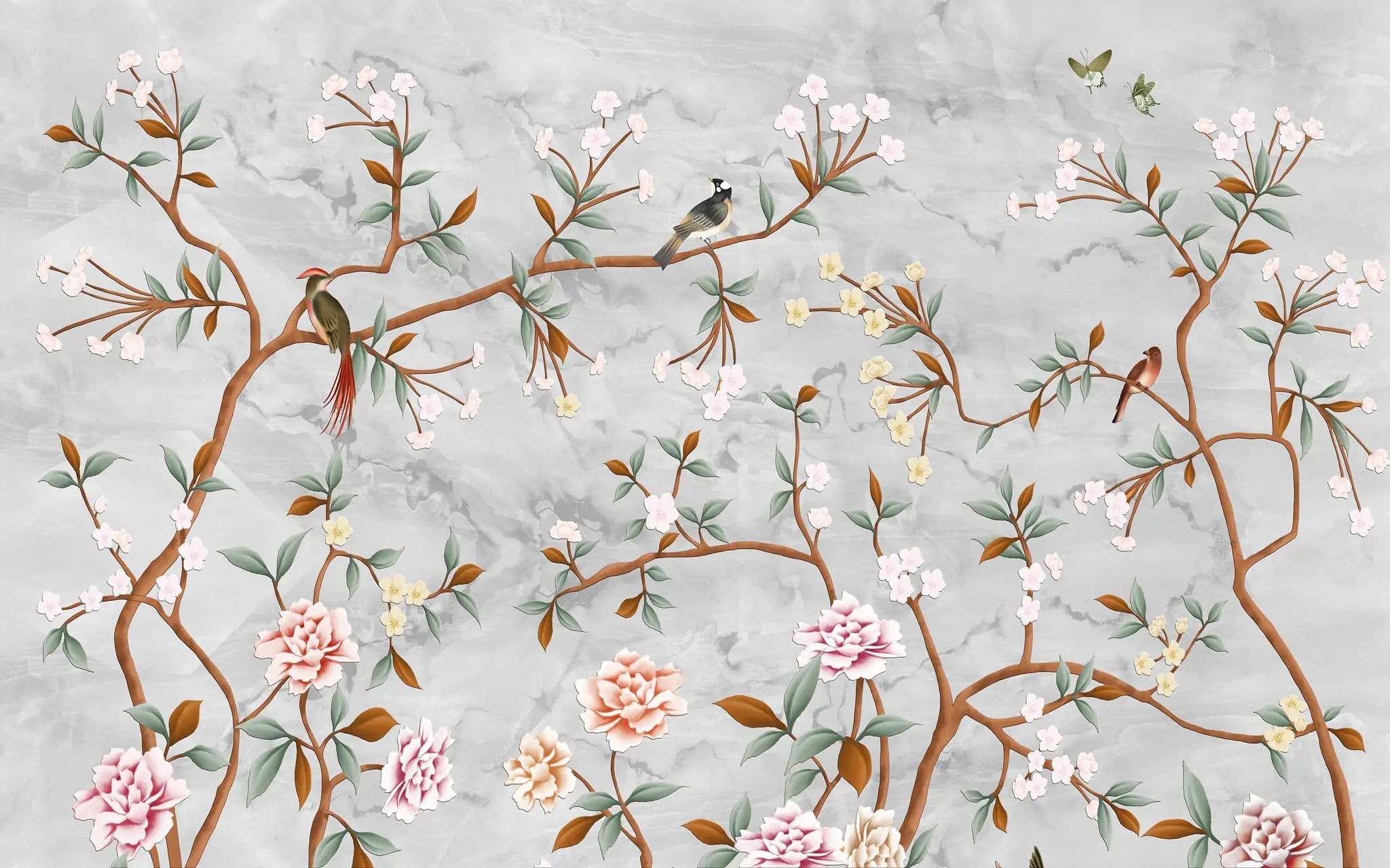 Tapet personalizat zen oriental in stil chinoiserie cu copaci infloriti si pasari orientale pe un fundal de piatra stone chinoiserie