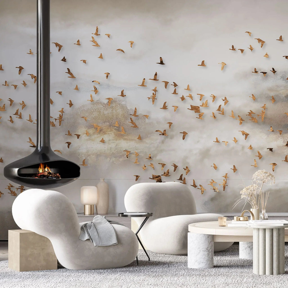 Tapet personalizat zen oriental cu stol de pasari in apus si ceata sunset flock