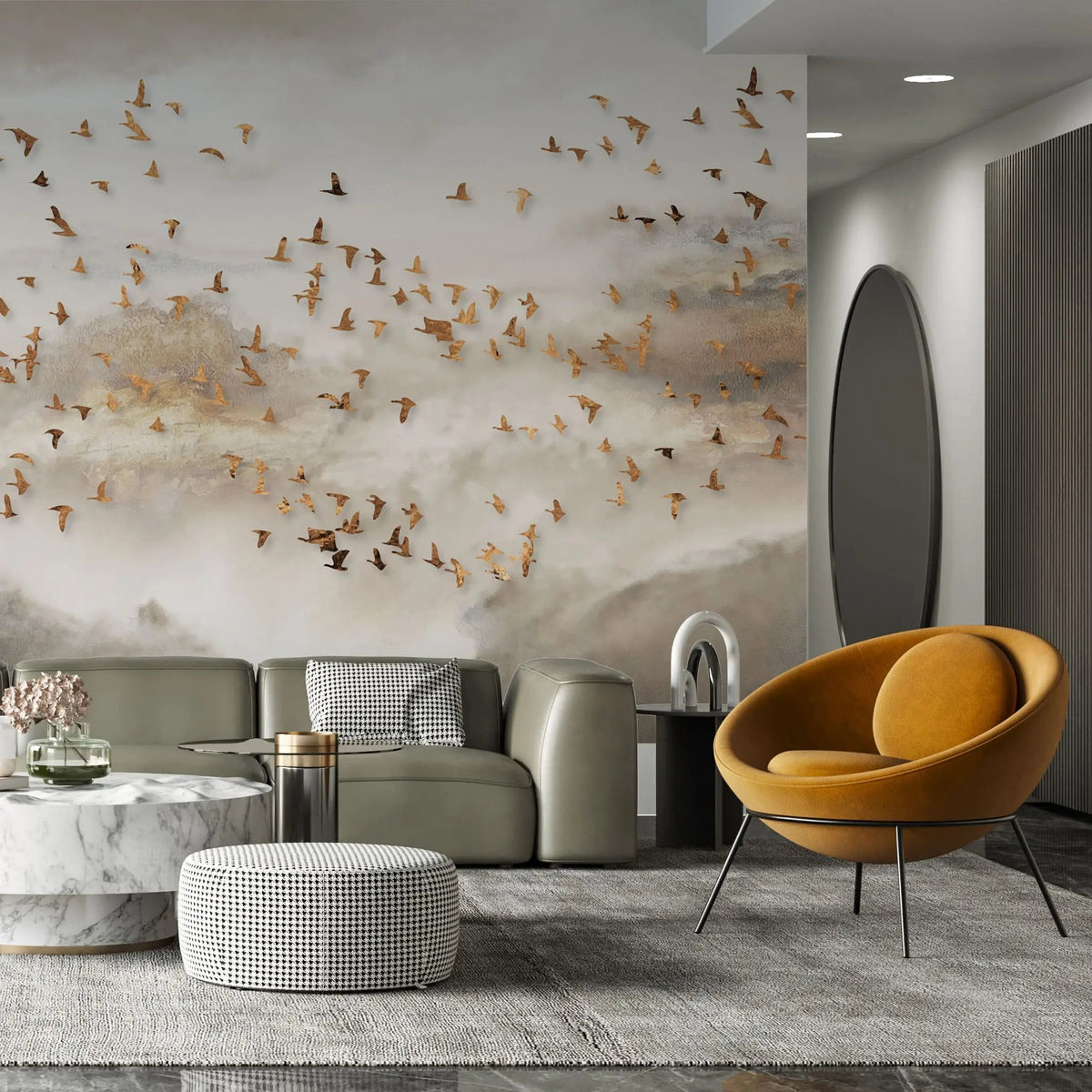 Tapet personalizat zen oriental cu stol de pasari in apus si ceata sunset flock
