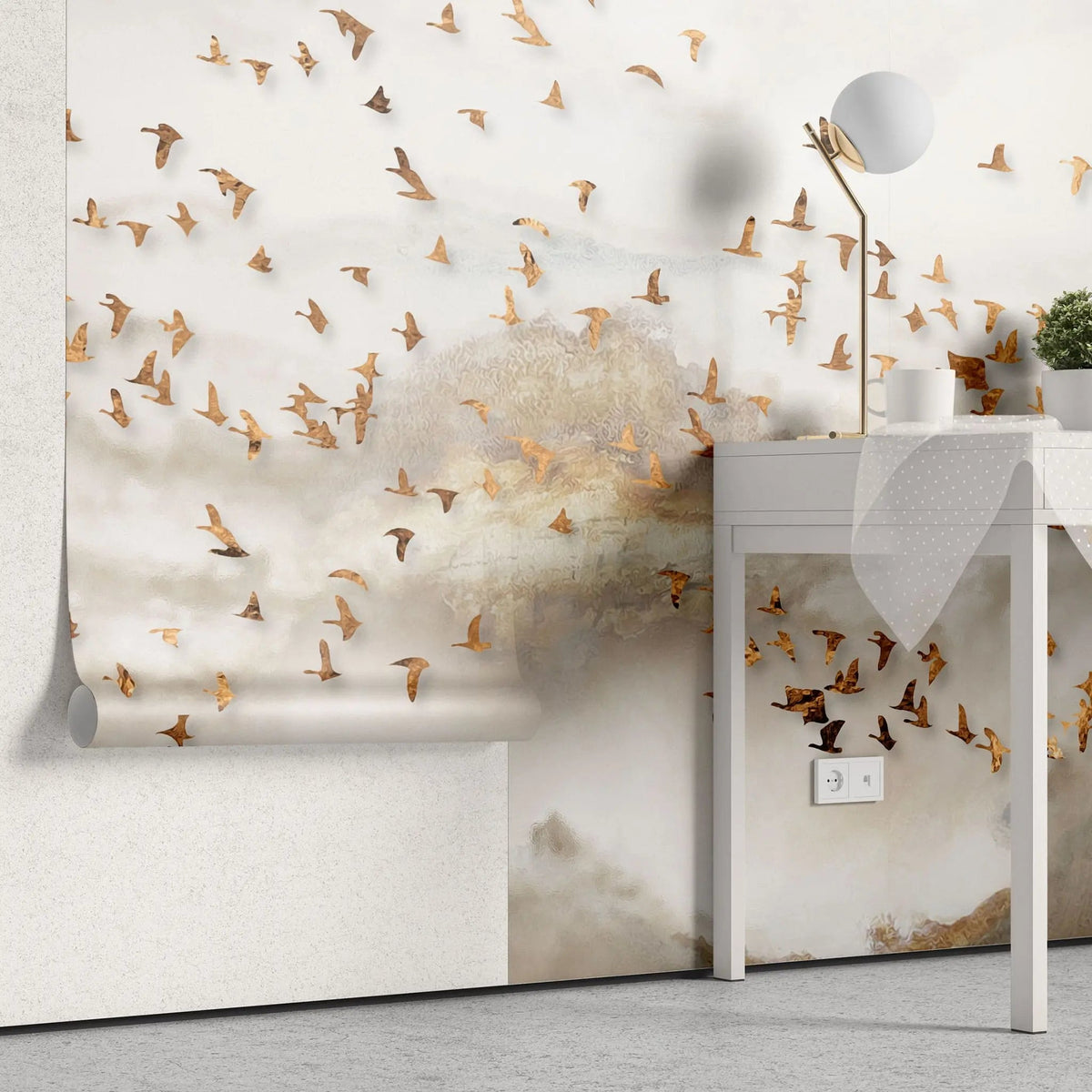 Tapet personalizat zen oriental cu stol de pasari in apus si ceata sunset flock