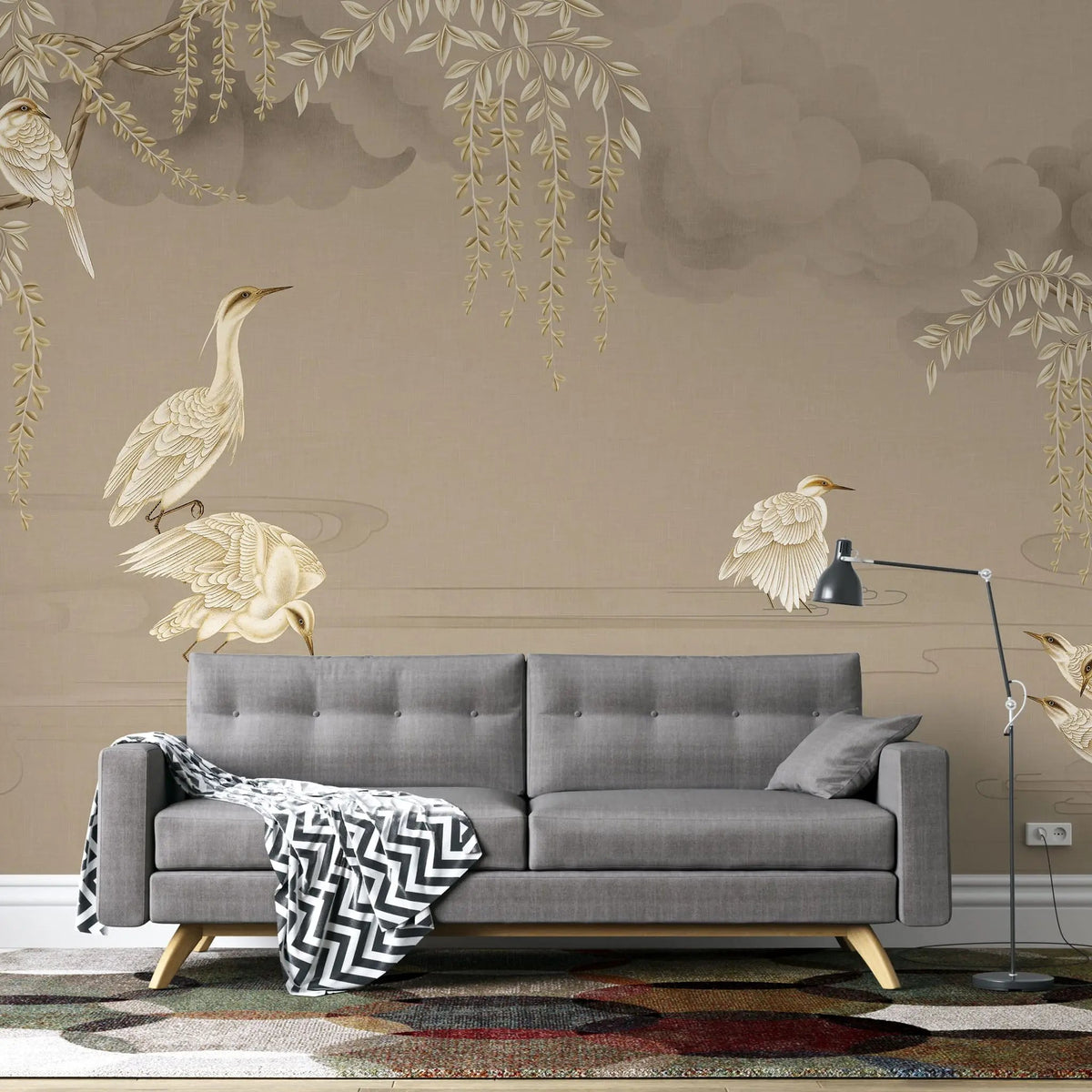 Tapet personalizat zen oriental cu cocori in apa in nuante sepia bathing cranes
