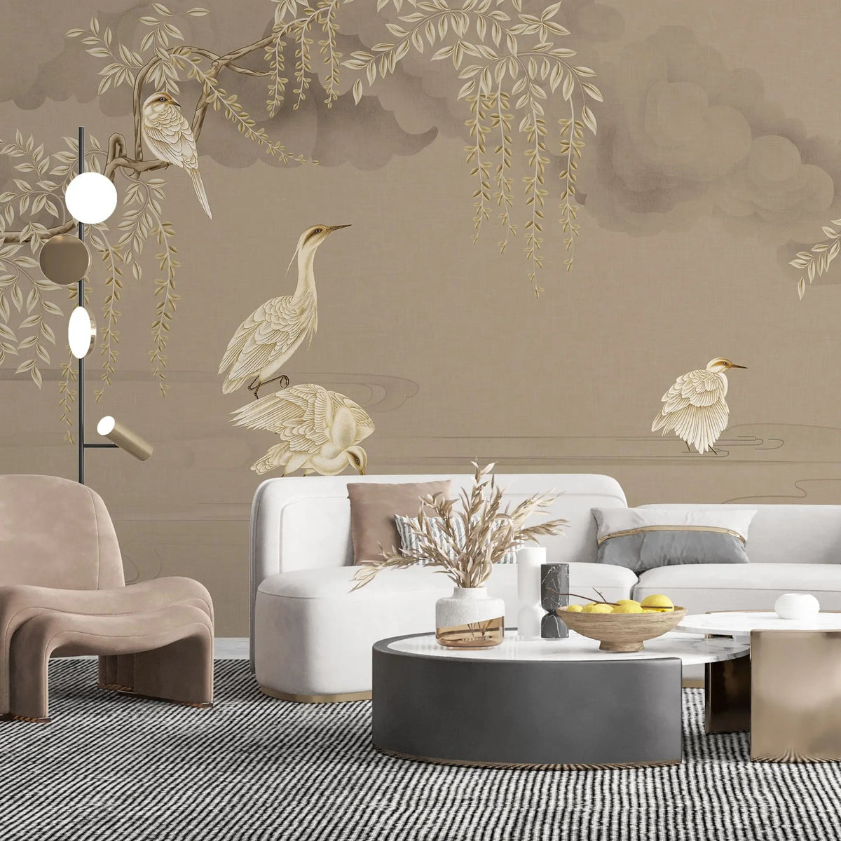 Tapet personalizat zen oriental cu cocori in apa in nuante sepia bathing cranes