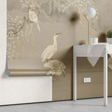 Tapet personalizat zen oriental cu cocori in apa in nuante sepia bathing cranes