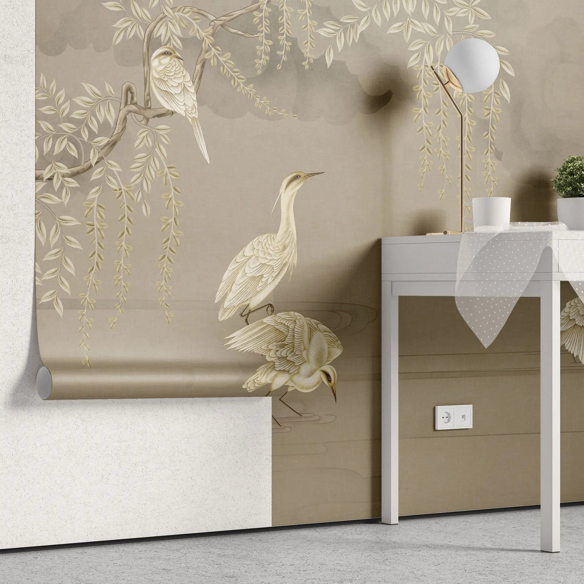 Tapet personalizat zen oriental cu cocori in apa in nuante sepia bathing cranes