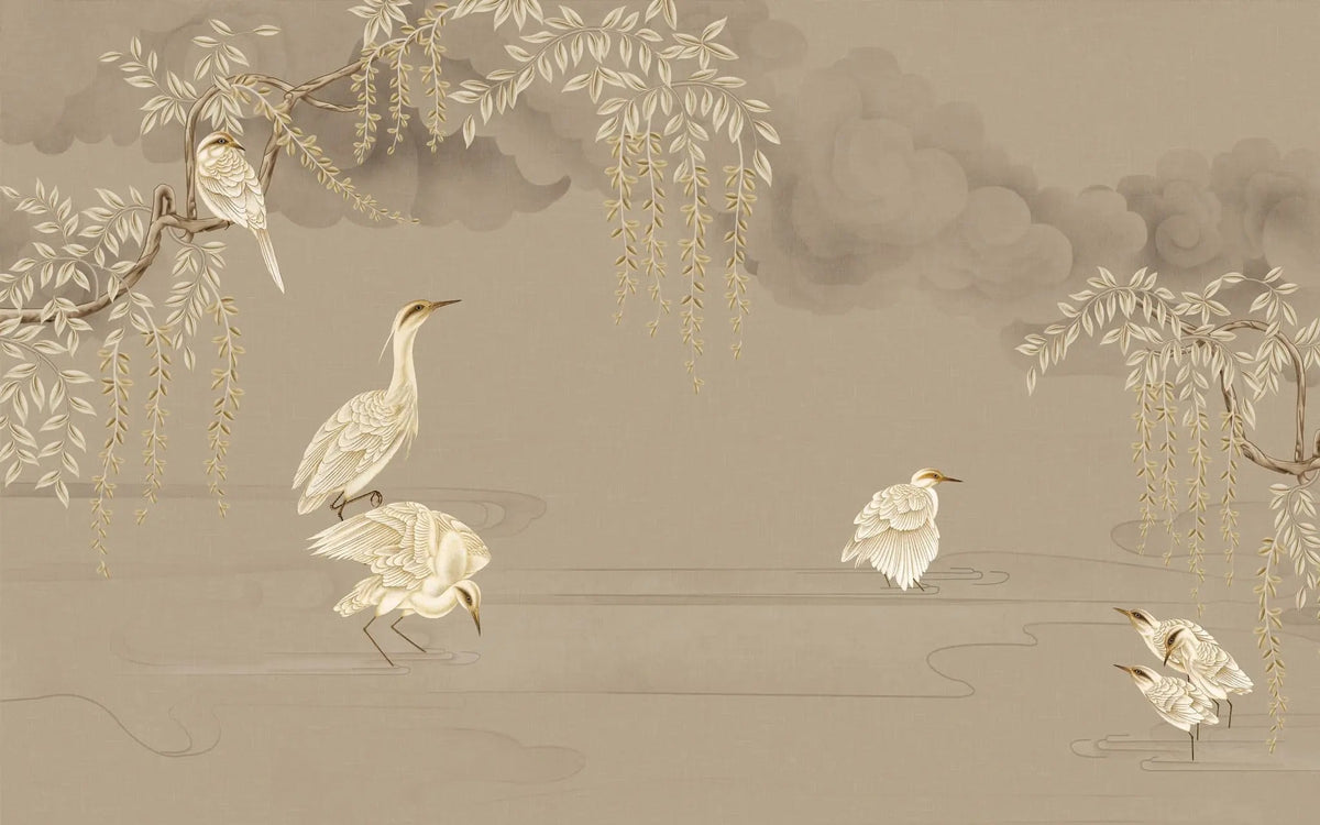 Tapet personalizat zen oriental cu cocori in apa in nuante sepia bathing cranes