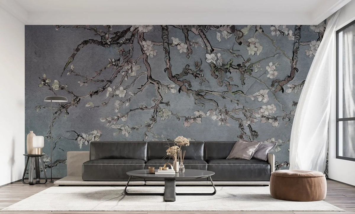 Tapet personalizat zen oriental cu copac inflorit pe un fundal albastru/gri inchis rainy spring