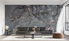 Tapet personalizat zen oriental cu copac inflorit pe un fundal albastru/gri inchis rainy spring
