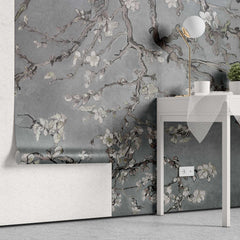 Tapet personalizat zen oriental cu copac inflorit pe un fundal albastru/gri inchis rainy spring