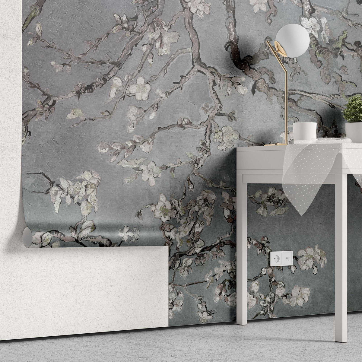 Tapet personalizat zen oriental cu copac inflorit pe un fundal albastru/gri inchis rainy spring