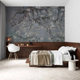 Tapet personalizat zen oriental cu copac inflorit pe un fundal albastru/gri inchis rainy spring