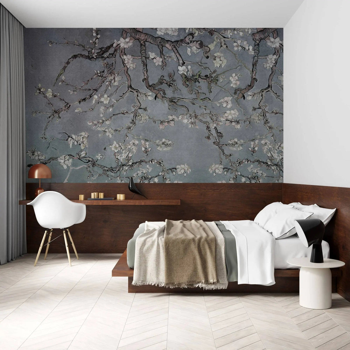 Tapet personalizat zen oriental cu copac inflorit pe un fundal albastru/gri inchis rainy spring