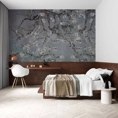 Tapet personalizat zen oriental cu copac inflorit pe un fundal albastru/gri inchis rainy spring