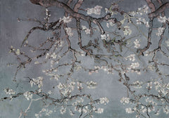 Tapet personalizat zen oriental cu copac inflorit pe un fundal albastru/gri inchis rainy spring