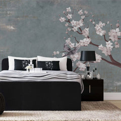 Tapet personalizat zen oriental cu cires japonez si pasari pe un fundal albastru/gri inchis texturat cherry blue