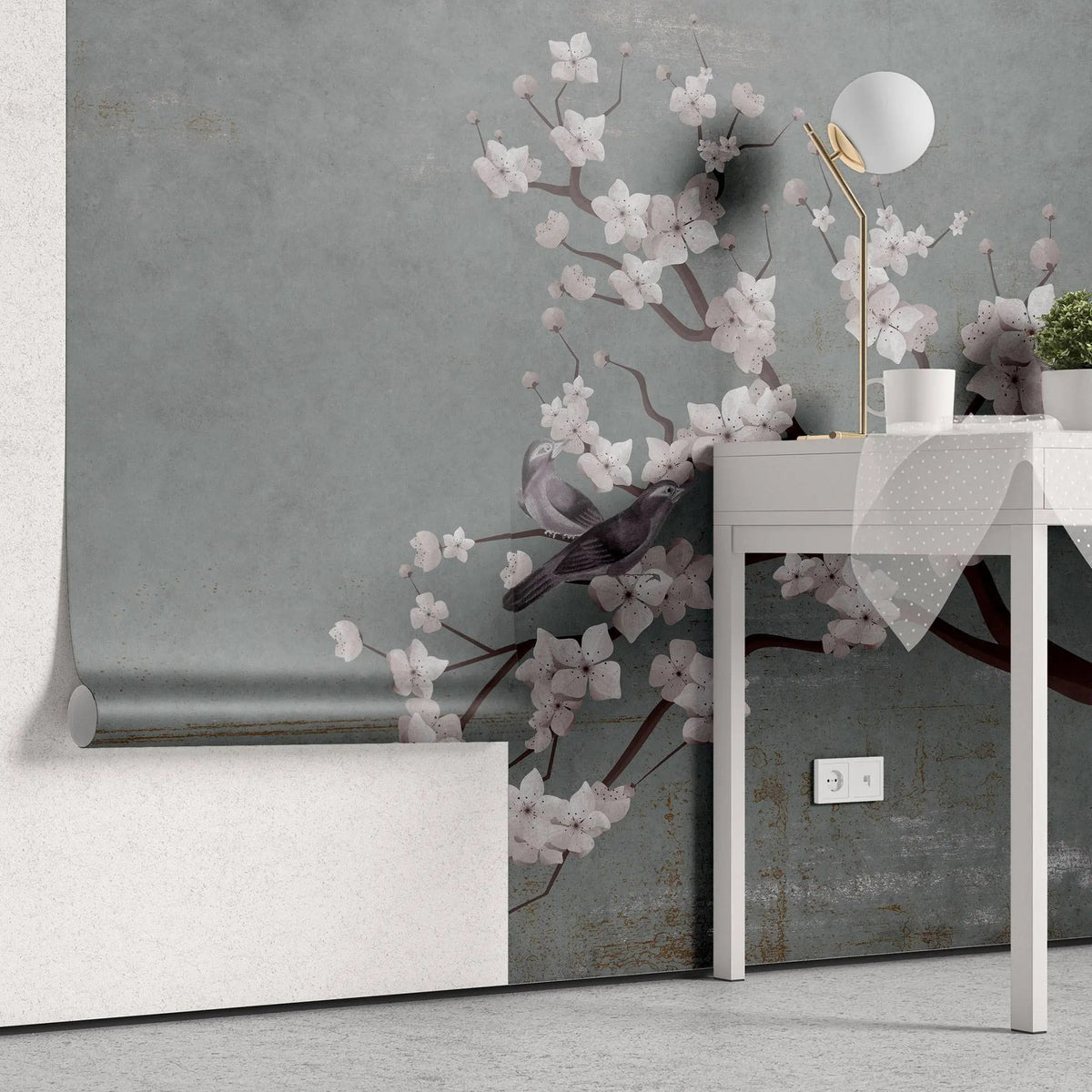 Tapet personalizat zen oriental cu cires japonez si pasari pe un fundal albastru/gri inchis texturat cherry blue