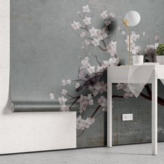 Tapet personalizat zen oriental cu cires japonez si pasari pe un fundal albastru/gri inchis texturat cherry blue