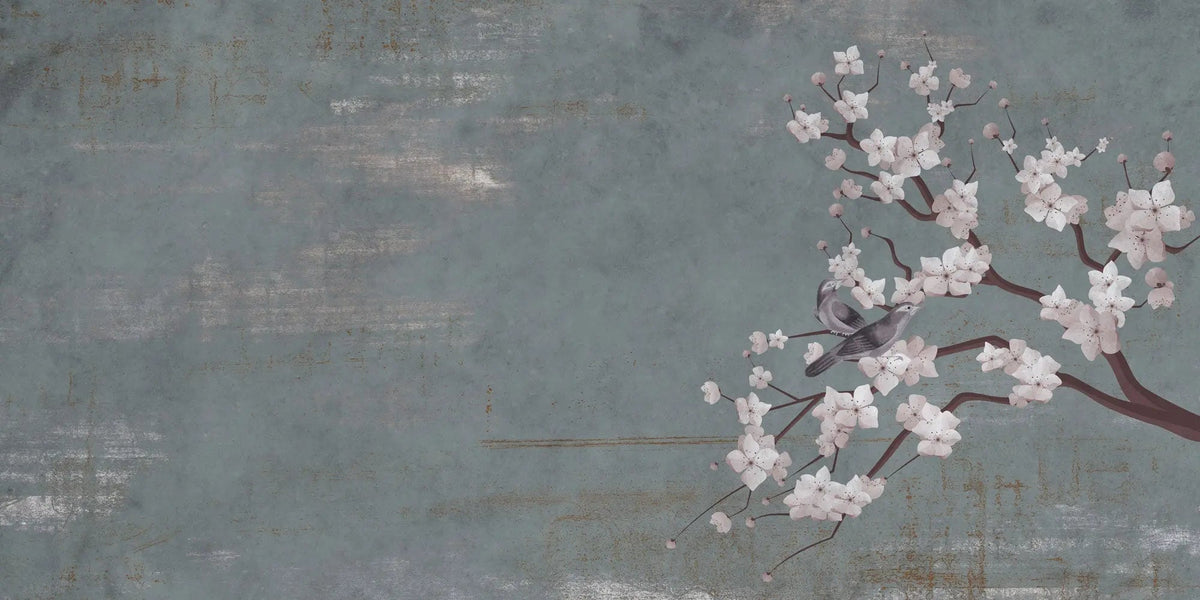 Tapet personalizat zen oriental cu cires japonez si pasari pe un fundal albastru/gri inchis texturat cherry blue