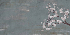 Tapet personalizat zen oriental cu cires japonez si pasari pe un fundal albastru/gri inchis texturat cherry blue
