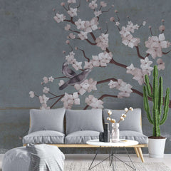 Tapet personalizat zen oriental cu cires japonez si pasari pe un fundal albastru/gri inchis texturat cherry blue