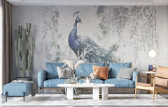 Tapet personalizat zen oriental cu paun aflat printre frunze intr un fundal deschis wisdom