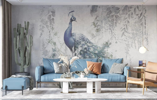 Tapet personalizat zen oriental cu paun aflat printre frunze intr un fundal deschis wisdom