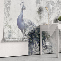 Tapet personalizat zen oriental cu paun aflat printre frunze intr un fundal deschis wisdom