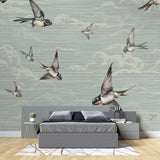 Tapet personalizat zen oriental cu randunici zburand pe cerul albastru spring swallows blue
