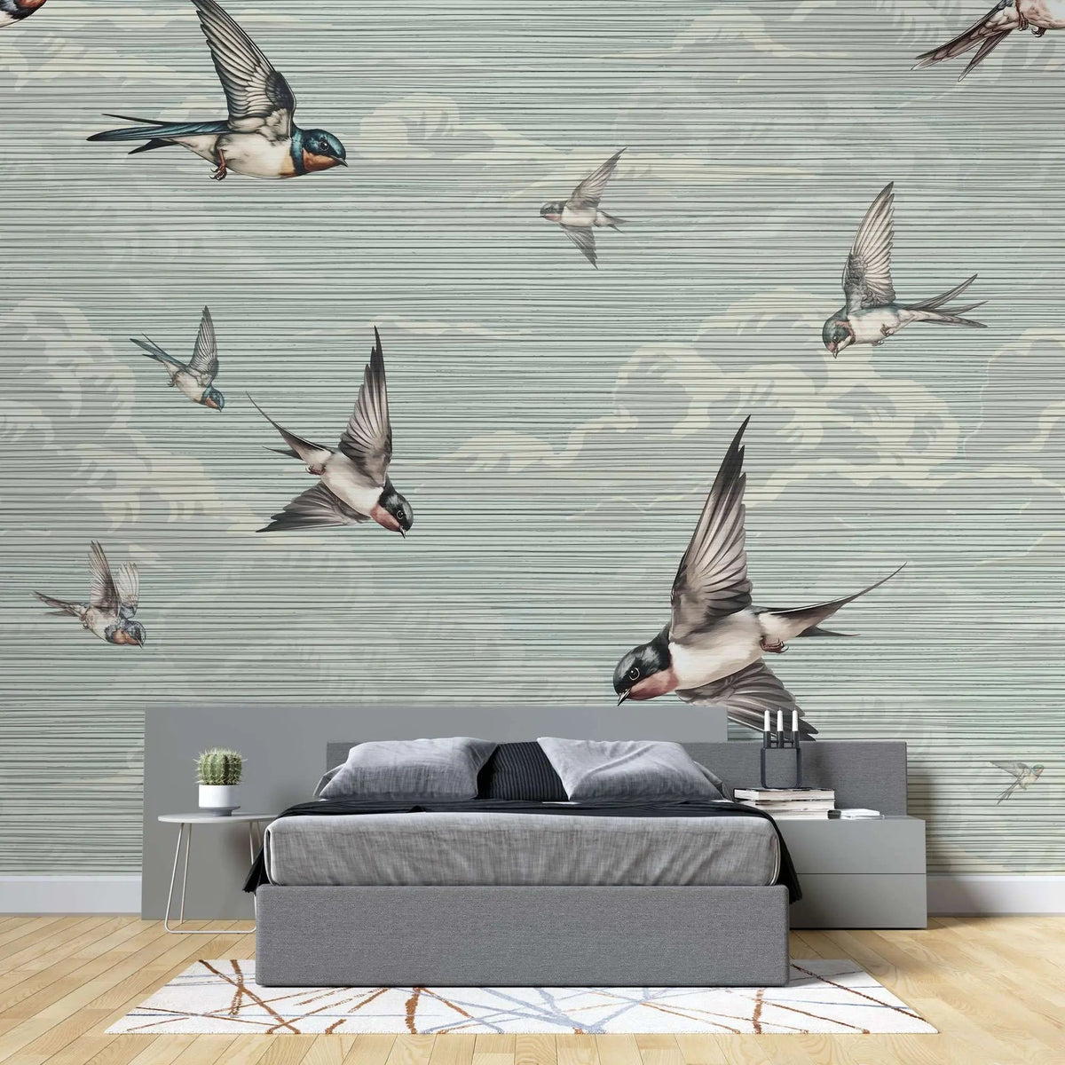 Tapet personalizat zen oriental cu randunici zburand pe cerul albastru spring swallows blue
