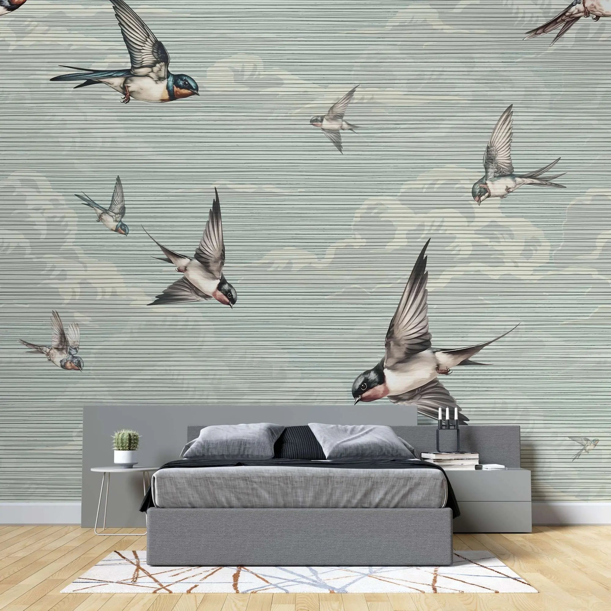 Tapet personalizat zen oriental cu randunici zburand pe cerul albastru spring swallows blue
