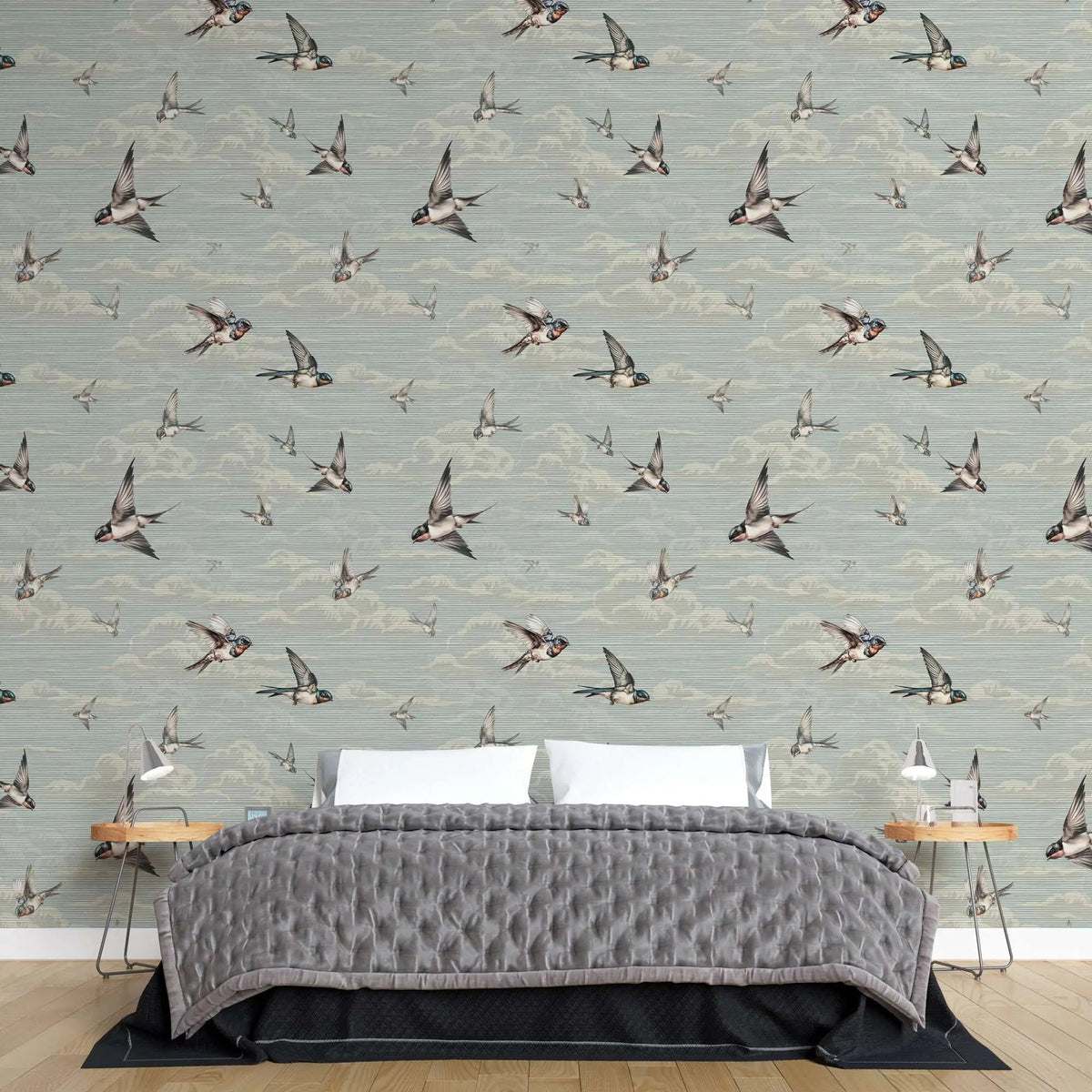 Tapet personalizat zen oriental cu randunici zburand pe cerul albastru spring swallows blue