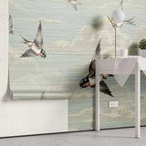 Tapet personalizat zen oriental cu randunici zburand pe cerul albastru spring swallows blue