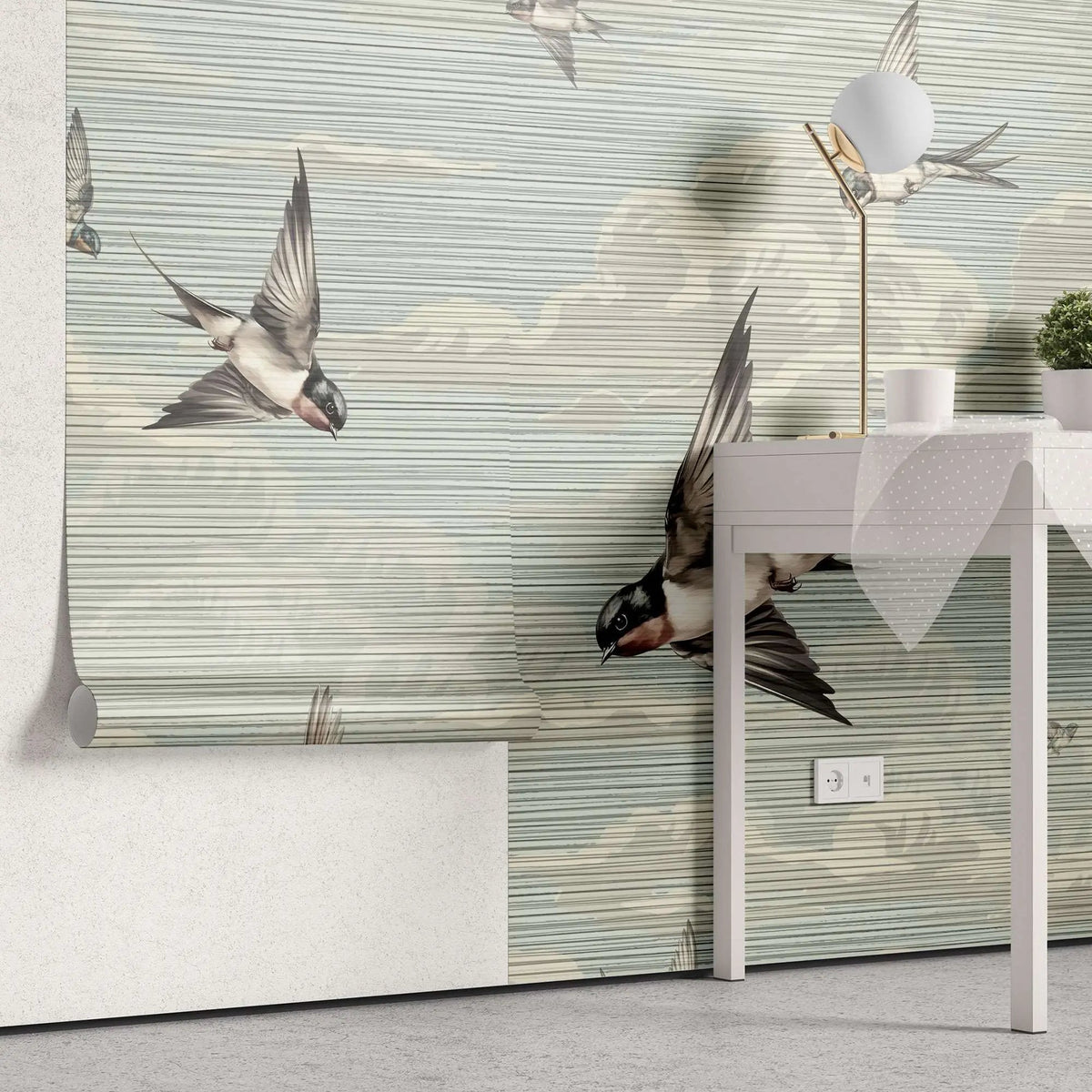 Tapet personalizat zen oriental cu randunici zburand pe cerul albastru spring swallows blue
