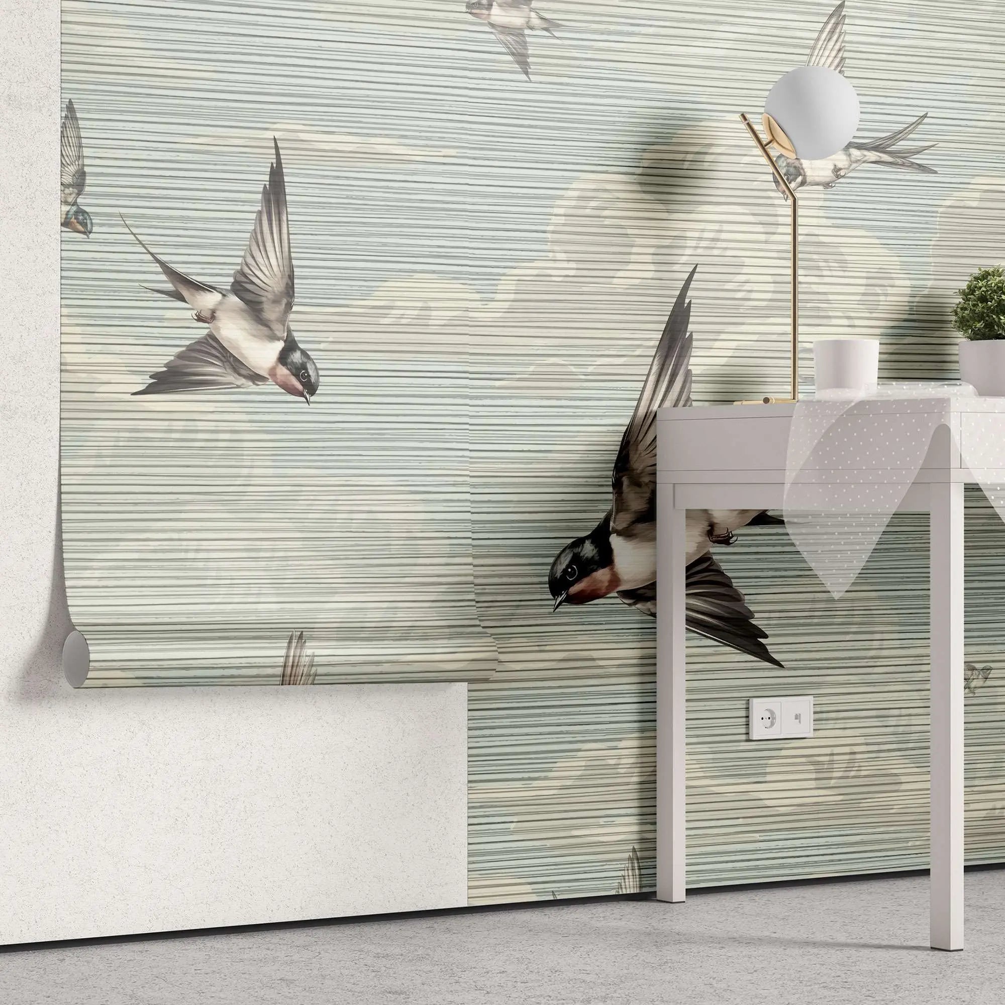 Tapet personalizat zen oriental cu randunici zburand pe cerul albastru spring swallows blue