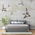Tapet personalizat zen oriental cu randunici zburand pe cerul bej spring swallows beige