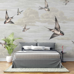 Tapet personalizat zen oriental cu randunici zburand pe cerul bej spring swallows beige