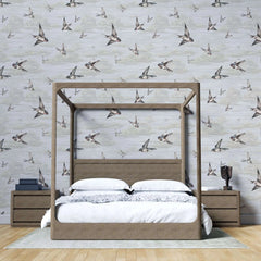 Tapet personalizat zen oriental cu randunici zburand pe cerul bej spring swallows beige