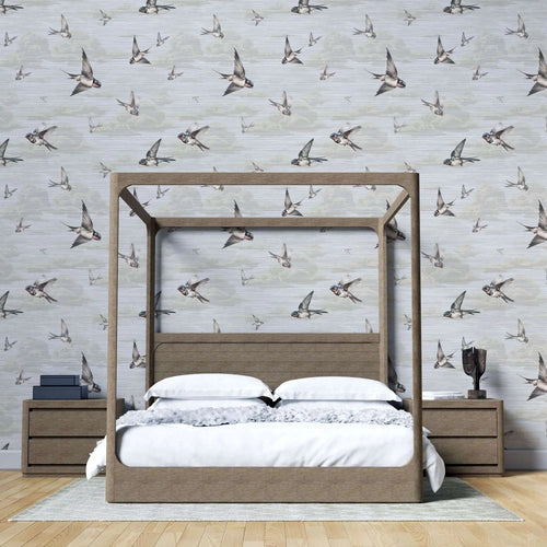 Tapet personalizat zen oriental cu randunici zburand pe cerul bej spring swallows beige