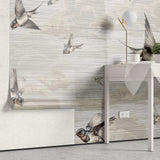 Tapet personalizat zen oriental cu randunici zburand pe cerul bej spring swallows beige