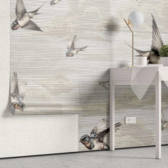 Tapet personalizat zen oriental cu randunici zburand pe cerul bej spring swallows beige